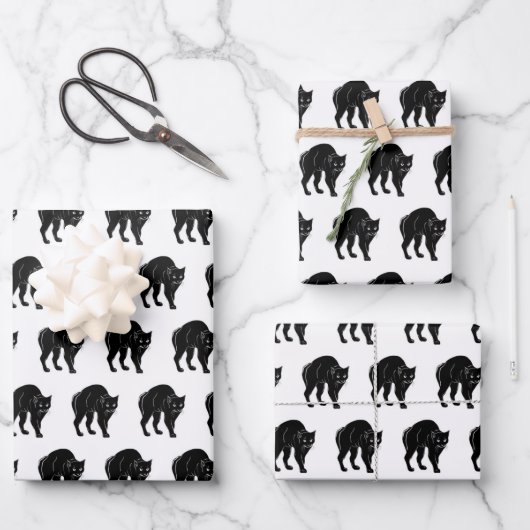 ハロウィーンプロウリングブラックキャットシルエットスケッチ ラッピングペーパーシート (正面)