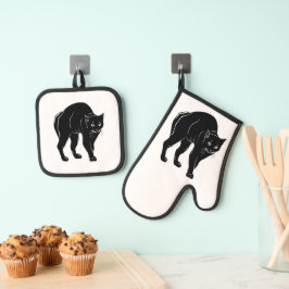 ハロウィーンプロウリングブラックキャットシルエットスケッチ 鍋つかみ&鍋敷きセット
