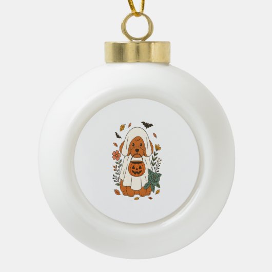 ハロウィーンプードルと秋花 セラミックボールオーナメント (正面)