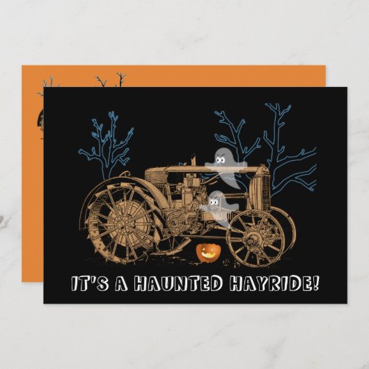ハロウィーンヘ幽霊のよく出るイライドファームトラクタ幽霊たち 招待状 (正面/裏面)