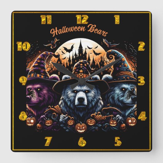 ハロウィーンベアのおもしろいコスチューム スクエア壁時計 (正面)