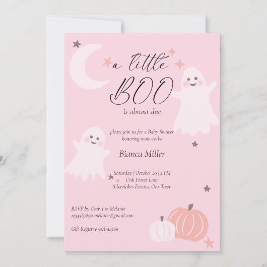 ハロウィーンベイビーシャワーソフトピンクかわいい幽霊 招待状 (正面)