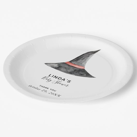 ハロウィーンベイビーシャワー水彩色魔女の帽子かわいい ペーパープレート (アングル)