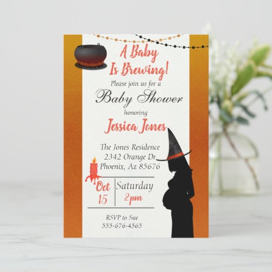 ハロウィーンベビーはブルーイング魔女モダン赤ちゃんシャワー 招待状 (スタンド正面)