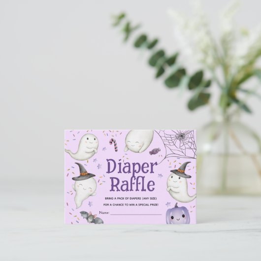 ハロウィーンベビーシャワーガールパープルオムツラッフル エンクロージャーカード (スタンド正面)