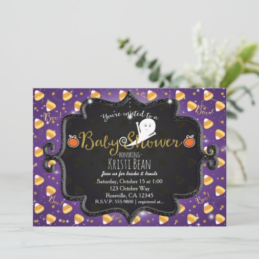 ハロウィーンベビーシャワーキャンディーコーン幽霊招待状 招待状 (スタンド正面)