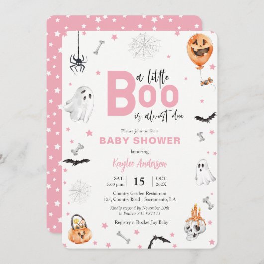 ハロウィーンベビーシャワーピンク幽霊の女の子の招待 招待状 (正面/裏面)