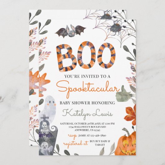 ハロウィーンベビーシャワー招待状と幽霊 招待状 (正面/裏面)