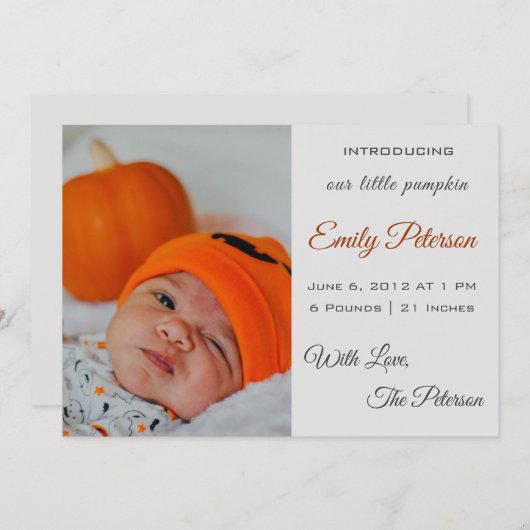 ハロウィーンベビー発表シャワー小さなかぼちゃ 招待状 (正面/裏面)