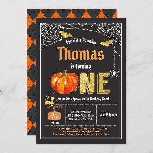 ハロウィーンベビー第1回誕生日パーティーブラック金ゴールド 招待状 (正面/裏面)