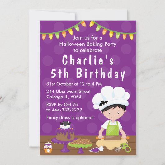 ハロウィーンベーキング誕生日ブラックヘアボーイインベンション 招待状 (正面)