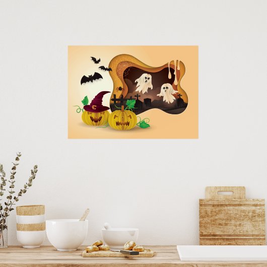 ハロウィーンペーパーカット墓地幽霊たち ポスター (キッチン)