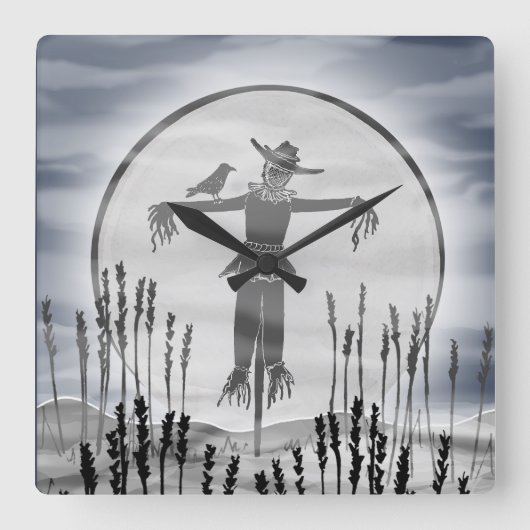 ハロウィーンホラーかかしアクリルウォールクロック スクエア壁時計 (正面)