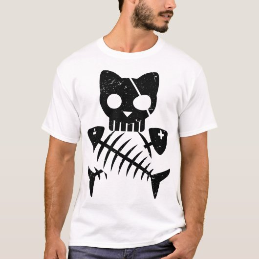 ハロウィーンホラーナイトの猫と魚の骨格 Tシャツ (正面)