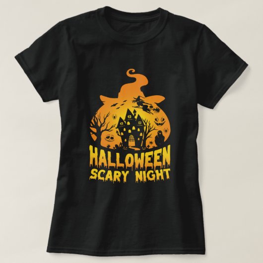ハロウィーンホラー幽霊のよく出るナイトハウスデザイン Tシャツ (デザイン正面)