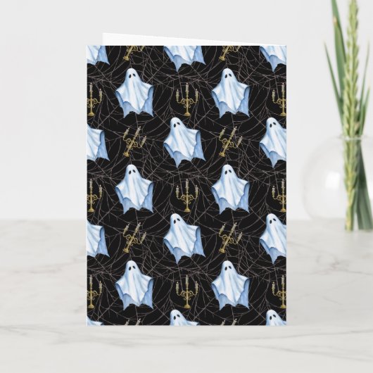 ハロウィーンホワイトシート幽霊とCobwebsゴシック黒 シーズンカード (裏面)