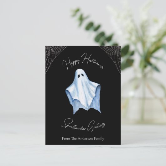 ハロウィーンホワイトシート幽霊とCobwebsゴシック黒 シーズンポストカード (スタンド正面)