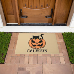 ハロウィーンホームカボチャとブラックキャットパーソナライズされた ドアマット