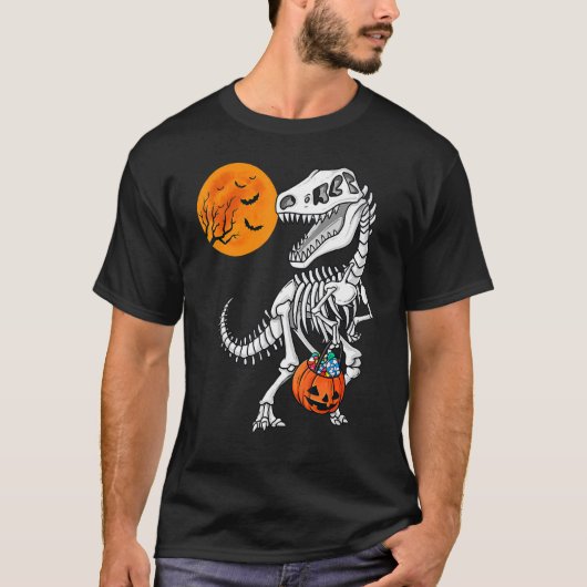 ハロウィーンボーイズ恐竜スケルトンレックス怖いカボチャ Tシャツ (正面)