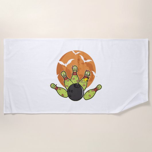 ハロウィーンボーリングゾンビピンこうもりボウリングをする人、 クリケットの投手ギフト ビーチタオル (正面)