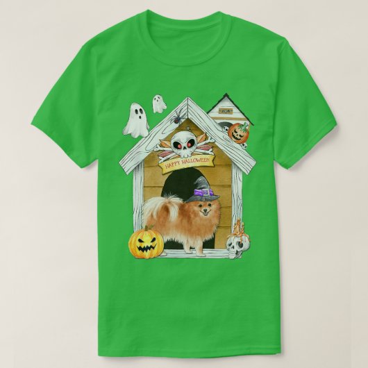 ハロウィーンポメラニア犬ドッグウィッチ幽霊のよく出るハウス Tシャツ (デザイン正面)