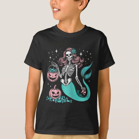 ハロウィーンマーメイドおもしろいスケルトン Tシャツ (正面)