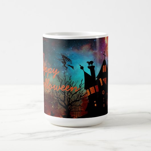 ハロウィーンマ幽霊のよく出るグ/ウィッ飛んでいるチ付き家 コーヒーマグカップ (中央)