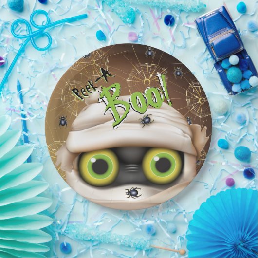 ハロウィーンミイラの怪物がブーをのぞく ペーパープレート (パーティー)