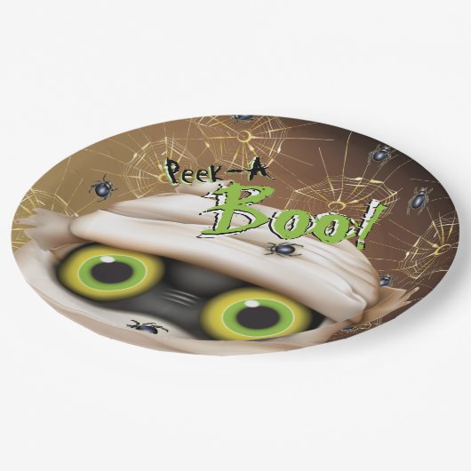 ハロウィーンミイラの怪物がブーをのぞく ペーパープレート (アングル)