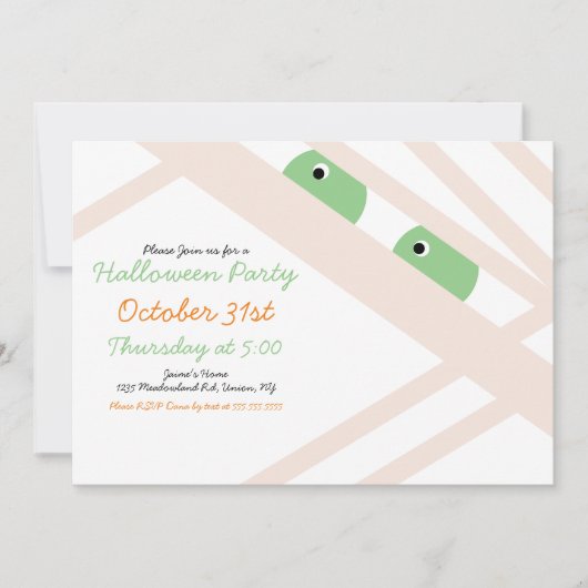 ハロウィーンミイラの衣装パーティー白 招待状 (正面)