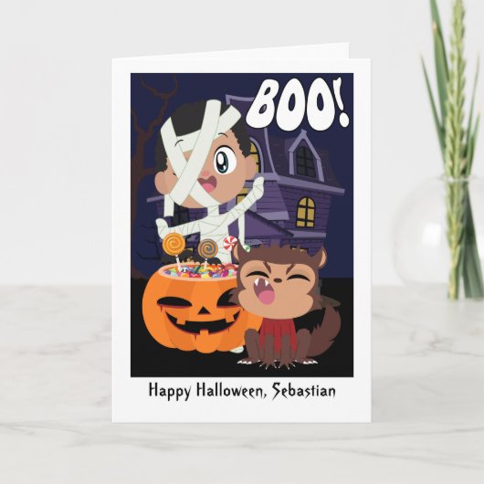 ハロウィーンミイラ、カボチャ、人狼パーソナライズされた カード (正面)