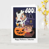ハロウィーンミイラ、カボチャ、人狼パーソナライズされた カード (黄色い花)