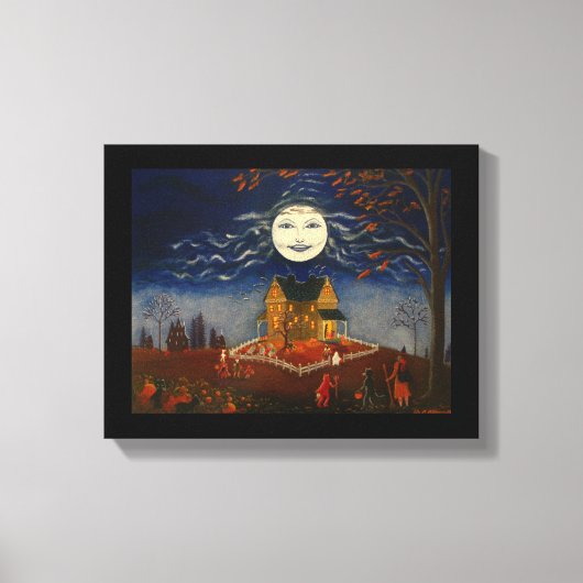 ハロウィーンムーントリックまたは悪魔の黒猫を扱う キャンバスプリント (正面)