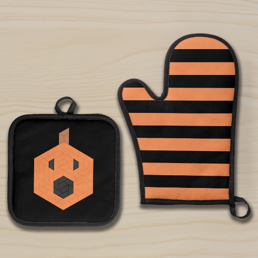 ハロウィーンモザイクジャックオランタン(オプション文字付) 鍋つかみ&鍋敷きセット
