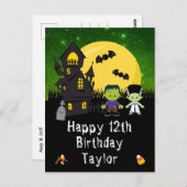 ハロウィーンモンスターズグリーンハッピーバースデー ポストカード (正面/裏面)