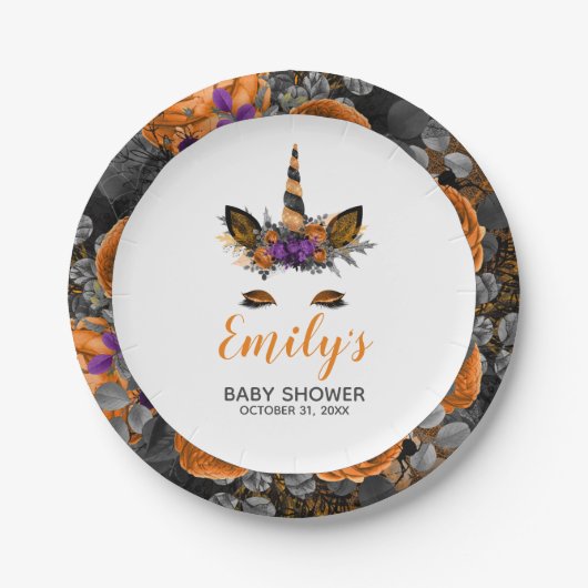 ハロウィーンユニコーンオレンジブラックベビーシャワー ペーパープレート (正面)