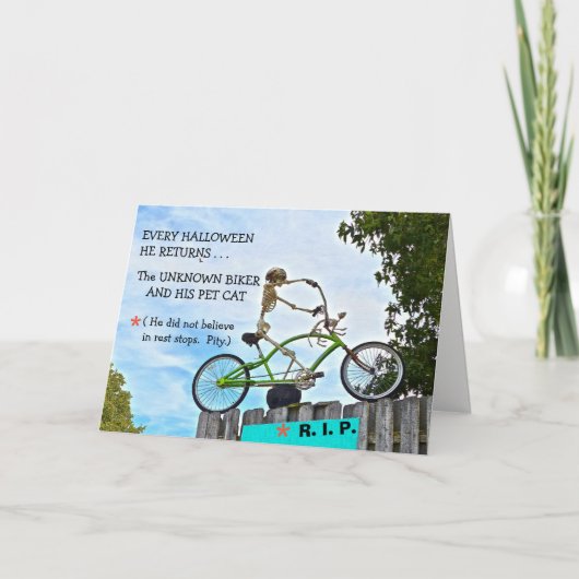 「ハロウィーンユーモア/未知のバイクもしくは自転車に乗る人」/スケルトンカード カード (正面)