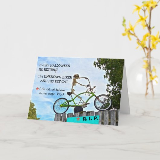 「ハロウィーンユーモア/未知のバイクもしくは自転車に乗る人」/スケルトンカード カード (黄色い花)