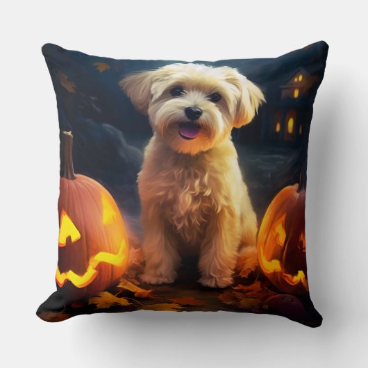 ハロウィーンヨーキプーとカボチャ怖い クッション (正面)