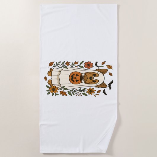 ハロウィーンヨークシャーテリアフラワーハロウィーン ビーチタオル (正面)