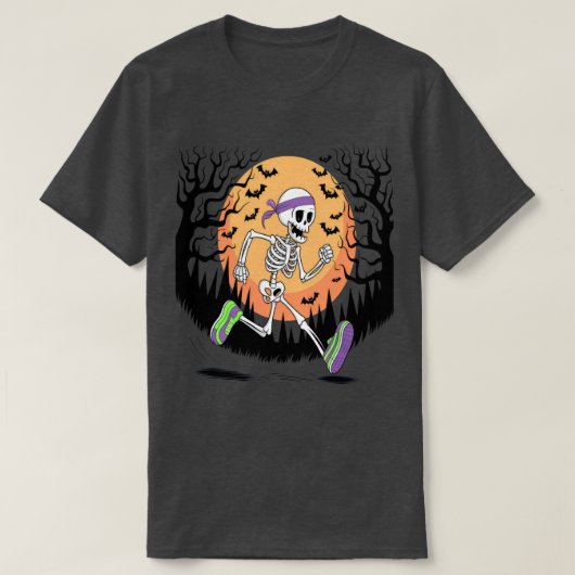 ハロウィーンランナースケルトン：グラフィックフィットネス愛好家 Tシャツ (デザイン正面)