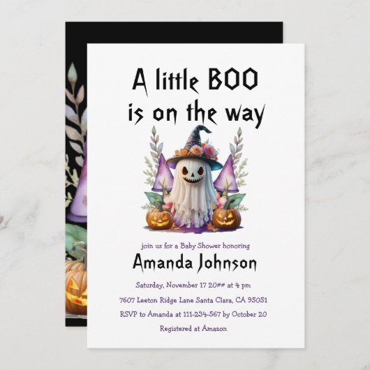 ハロウィーンリトルブダークパープル赤ちゃんシャワー 招待状 (正面/裏面)