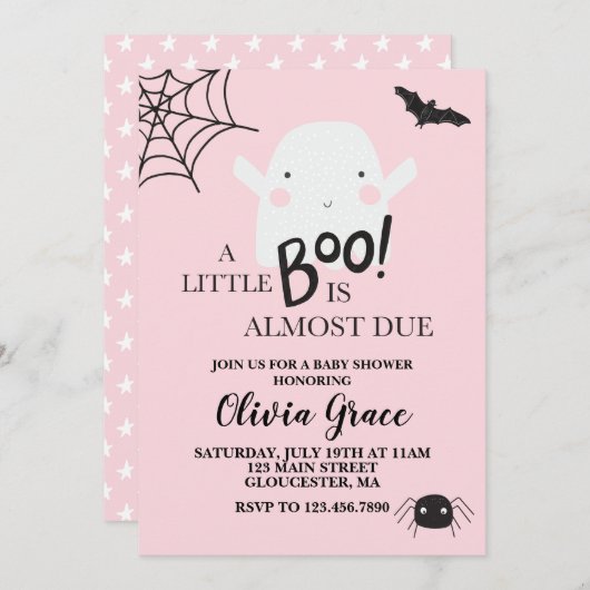 ハロウィーンリトルブー幽霊ベビーシャワーピンク 招待状 (正面/裏面)