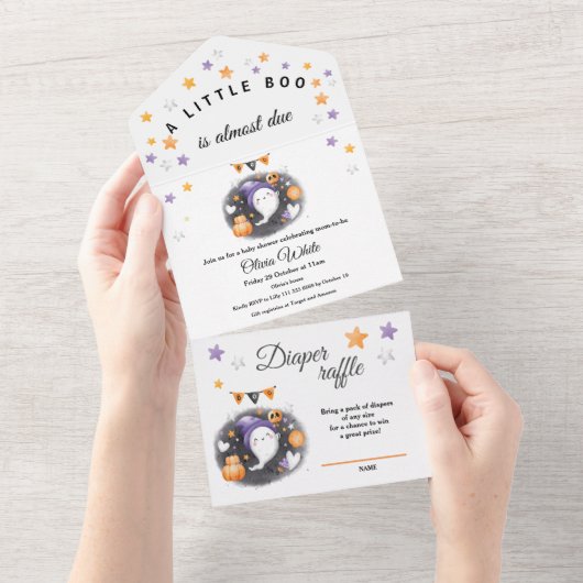 ハロウィーンリトル幽霊紫オレンジベイビーシャワー オールインワン招待状 (貼ってはがせる)