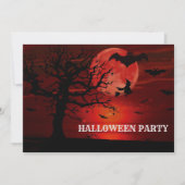 ハロウィーンレッドフルムーンブラックツリーウィッチこうもり怖い 招待状 (正面)
