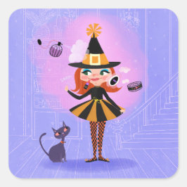 ハロウィーンレッドヘアウィッチラベンダー&ピンク スクエアシール