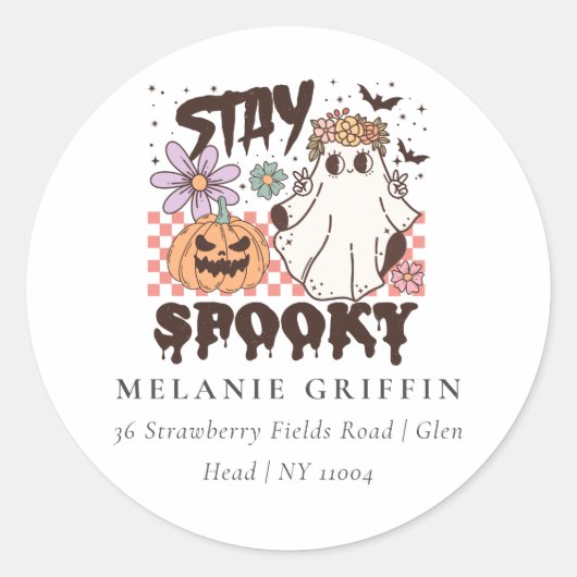 ハロウィーンレトロ幽霊ステイ不気味アドレス ラウンドシール (正面)
