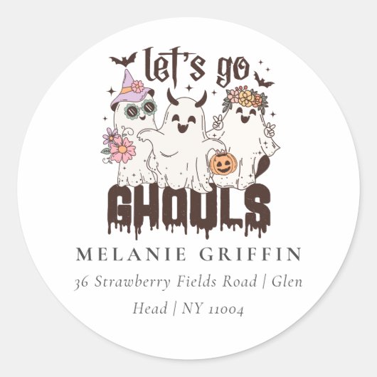 ハロウィーンレトロ幽霊レッツゴーズアドレス ラウンドシール (正面)