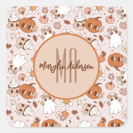 ハロウィーンレトロ溝状カボチャ及び幽霊たち スクエアシール (正面)