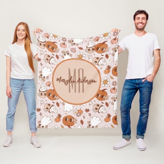 ハロウィーンレトロ溝状カボチャ及び幽霊たち フリースブランケット (インサイチュ)